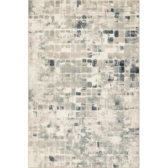 Beige Blue Abstract Tiles Distressed Runner Rug Photo 1