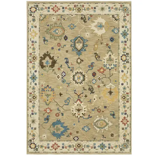 Beige Blue And Red Oriental Area Rug With Fringe Photo 2