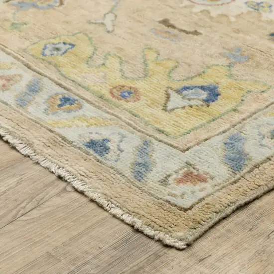 Beige Blue And Yellow Wool Oriental Hand Knotted Area Rug With Fringe Photo 6