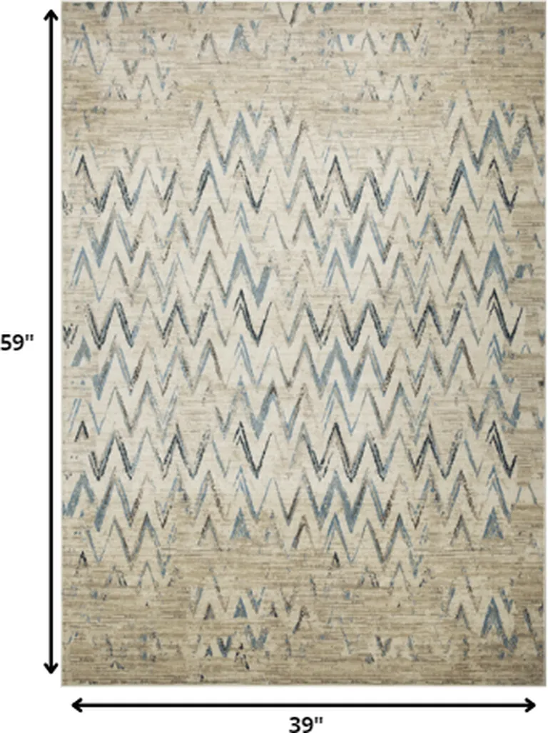 Beige Blue Distressed Chevron Area Rug Photo 4