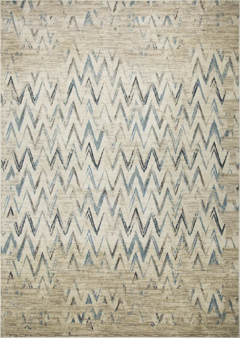 Beige Blue Distressed Chevron Area Rug Photo 1