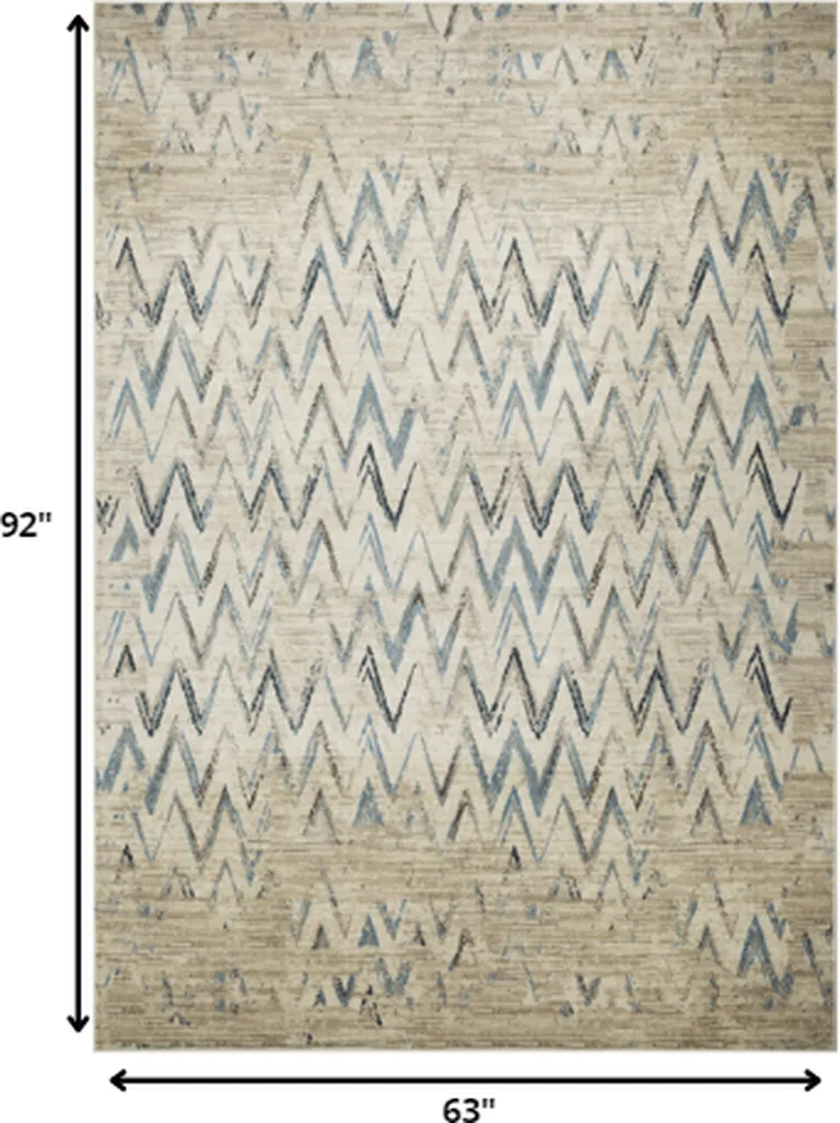 Beige Blue Distressed Chevron Area Rug Photo 4