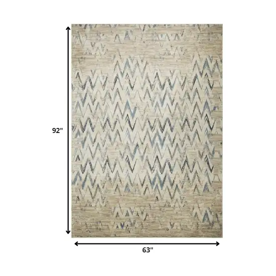 Beige Blue Distressed Chevron Area Rug Photo 4