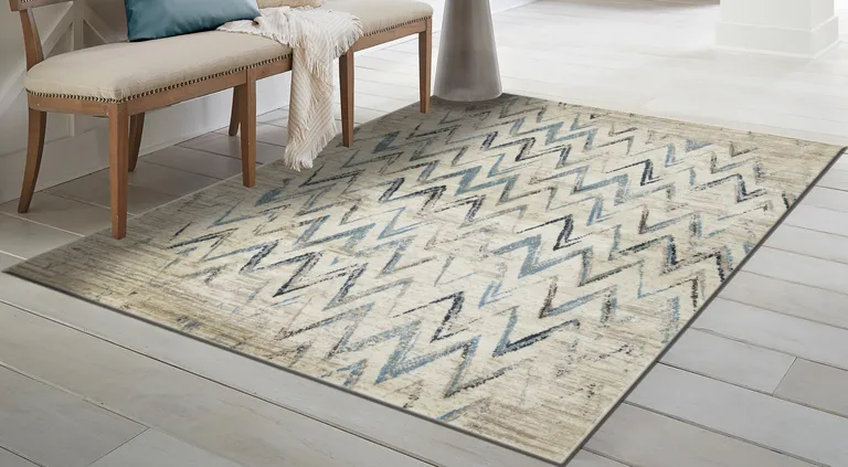 Beige Blue Distressed Chevron Area Rug Photo 5