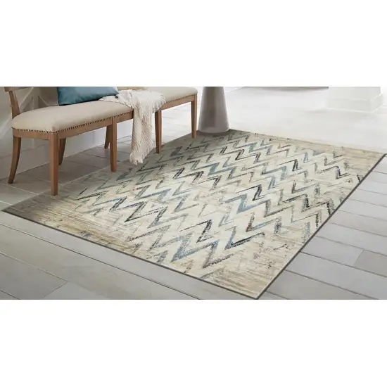 Beige Blue Distressed Chevron Area Rug Photo 5