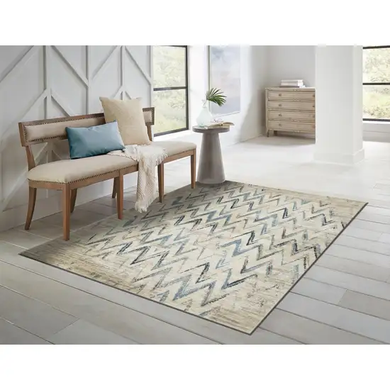 Beige Blue Distressed Chevron Area Rug Photo 6