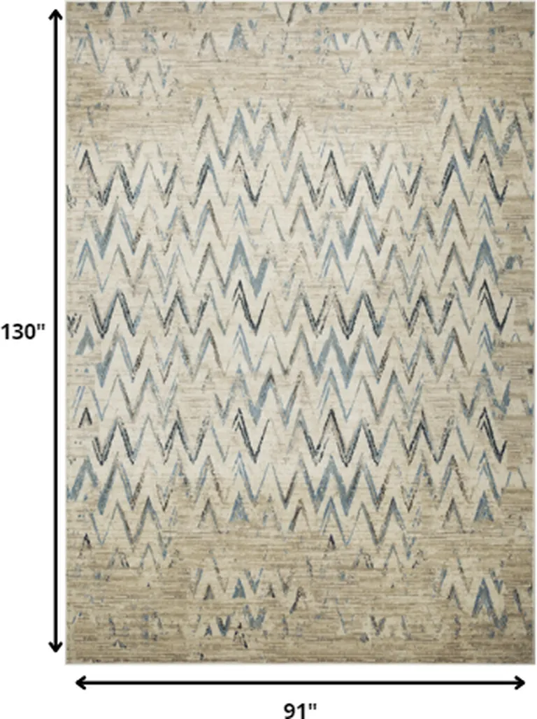 Beige Blue Distressed Chevron Area Rug Photo 4