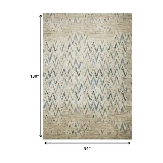 Beige Blue Distressed Chevron Area Rug Photo 4