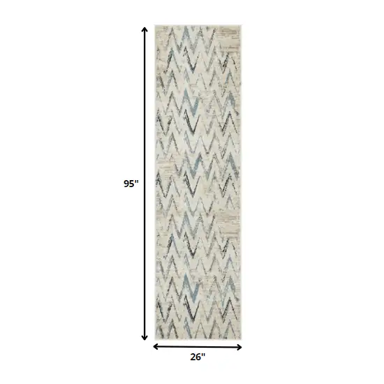 Beige Blue Distressed Chevron Runner Rug Photo 3