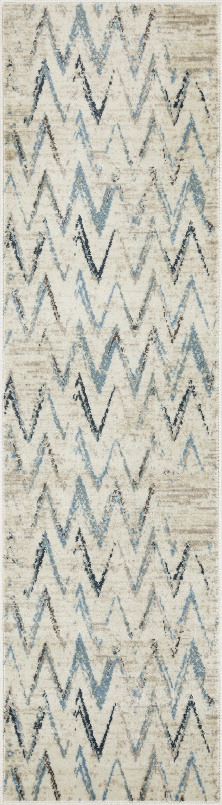 Beige Blue Distressed Chevron Runner Rug Photo 1