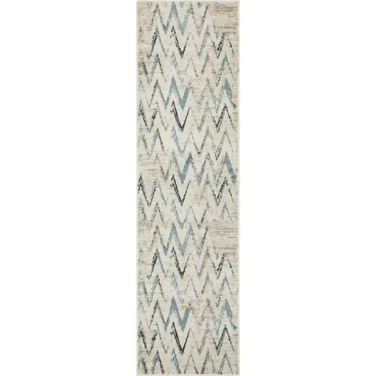 Beige Blue Distressed Chevron Runner Rug Photo 1