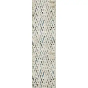 Photo of Beige Blue Distressed Chevron Runner Rug