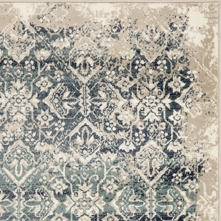 Beige Blue Distressed Diamonds Runner Rug Photo 3