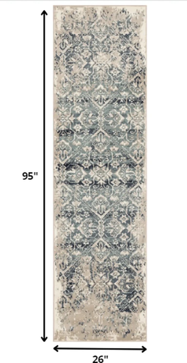 Beige Blue Distressed Diamonds Runner Rug Photo 4