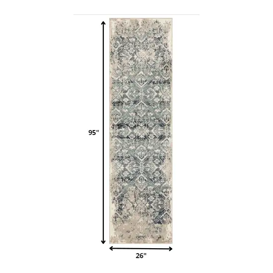 Beige Blue Distressed Diamonds Runner Rug Photo 4