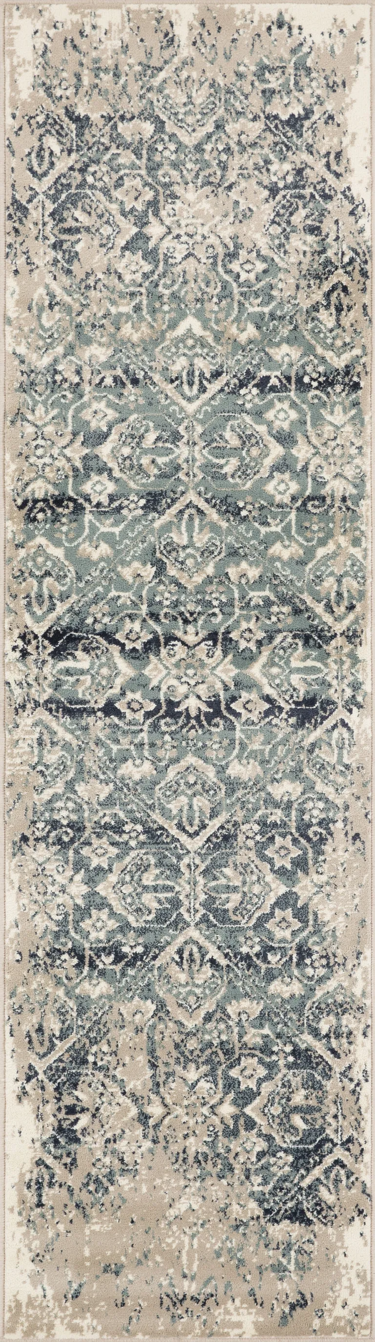 Beige Blue Distressed Diamonds Runner Rug Photo 2