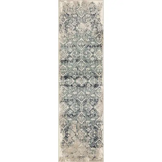 Beige Blue Distressed Diamonds Runner Rug Photo 2