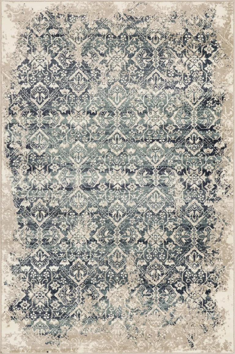 Beige Blue Distressed Diamonds Runner Rug Photo 1