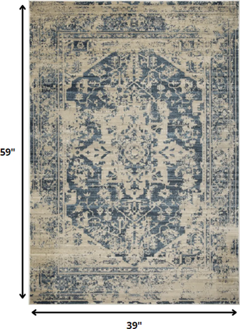 Beige Blue Distressed Medallion Area Rug Photo 5