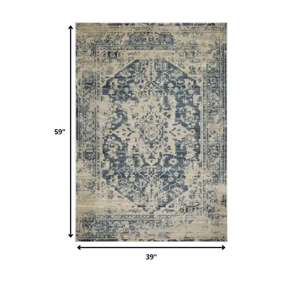 Beige Blue Distressed Medallion Area Rug Photo 5