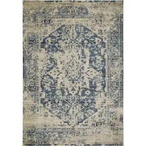 Photo of Beige Blue Distressed Medallion Area Rug