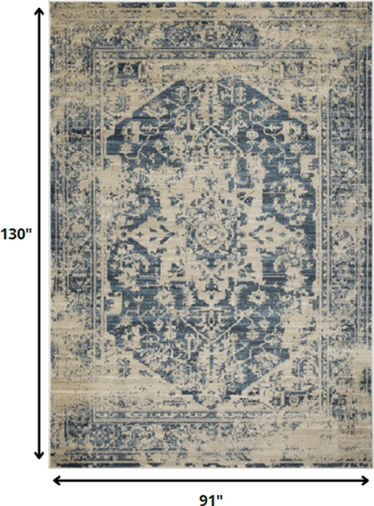 Beige Blue Distressed Medallion Area Rug Photo 5