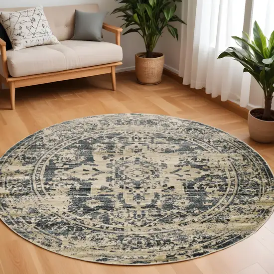 8' Ivory and Blue Oriental Distressed Round Rug Photo 2