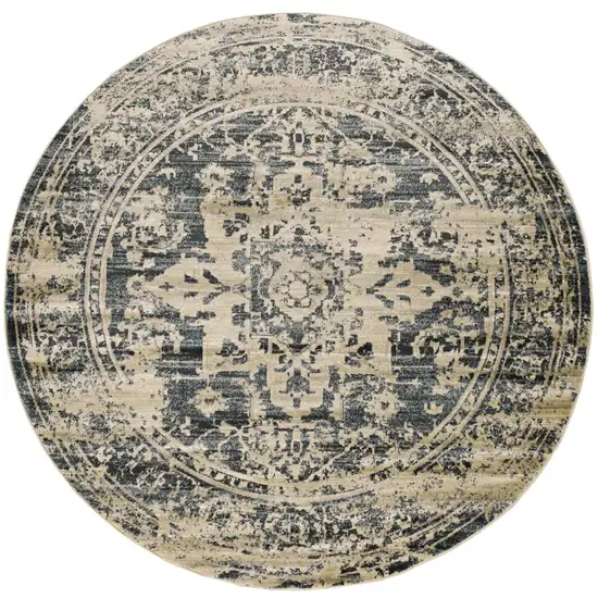 8' Ivory and Blue Oriental Distressed Round Rug Photo 1