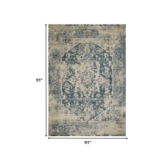 Beige Blue Distressed Medallion Area Rug Photo 5