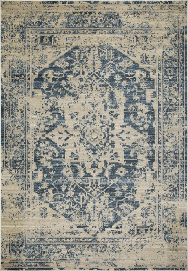 Beige Blue Distressed Medallion Runner Rug Photo 1