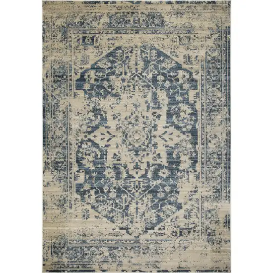 Beige Blue Distressed Medallion Runner Rug Photo 1