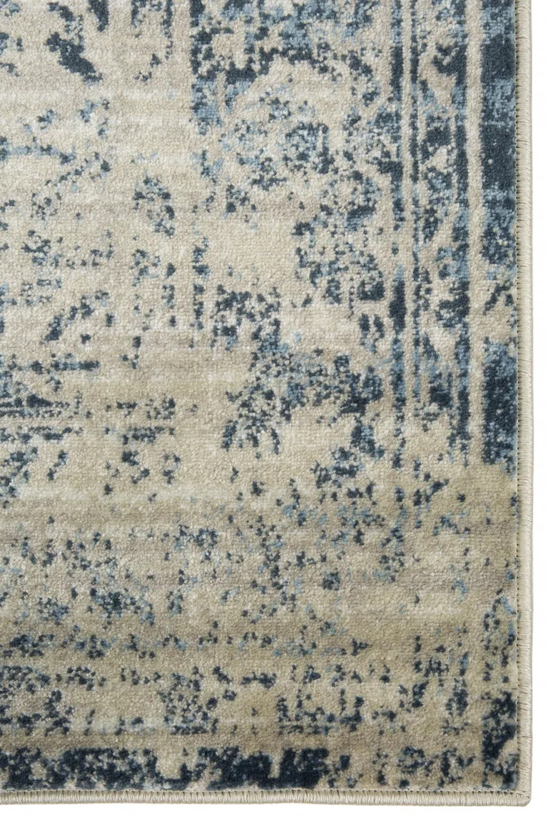 Beige Blue Distressed Medallion Runner Rug Photo 4