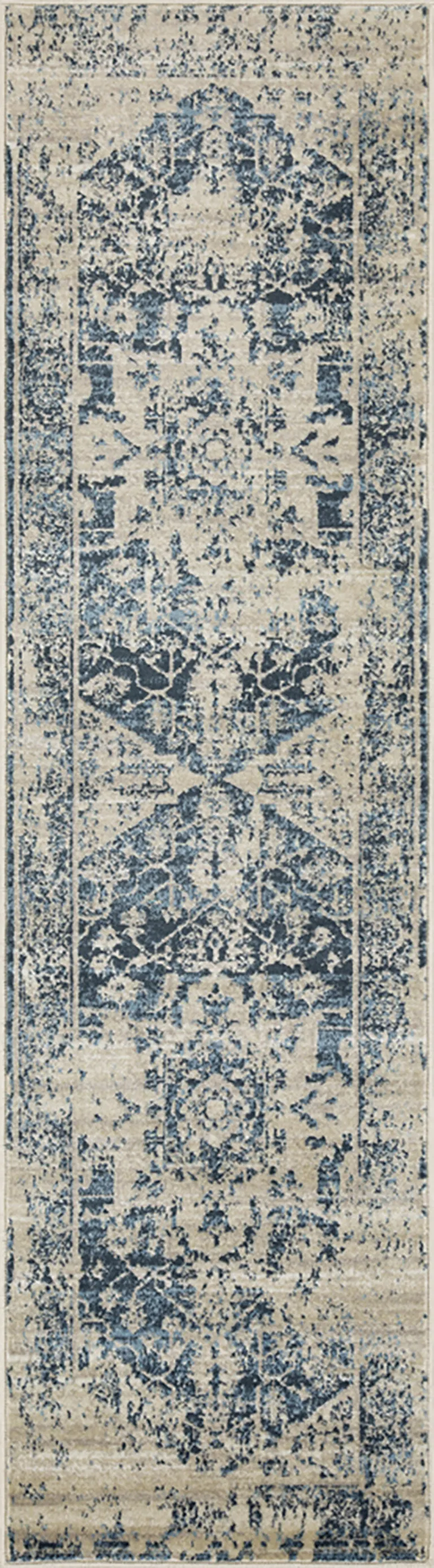 Beige Blue Distressed Medallion Runner Rug Photo 2