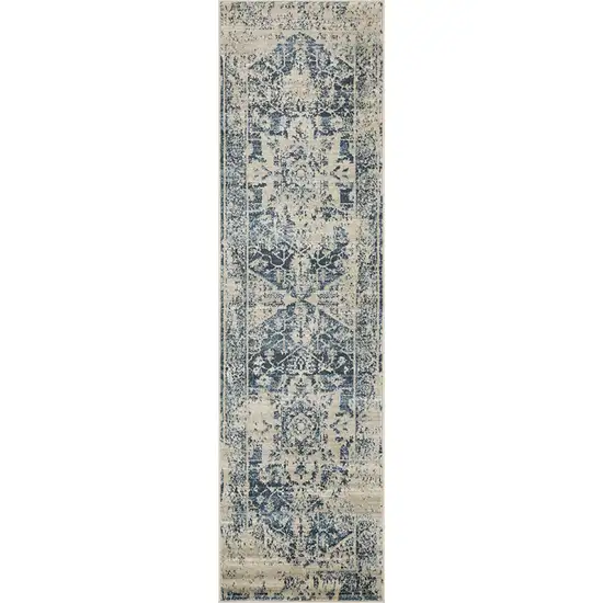 Beige Blue Distressed Medallion Runner Rug Photo 2