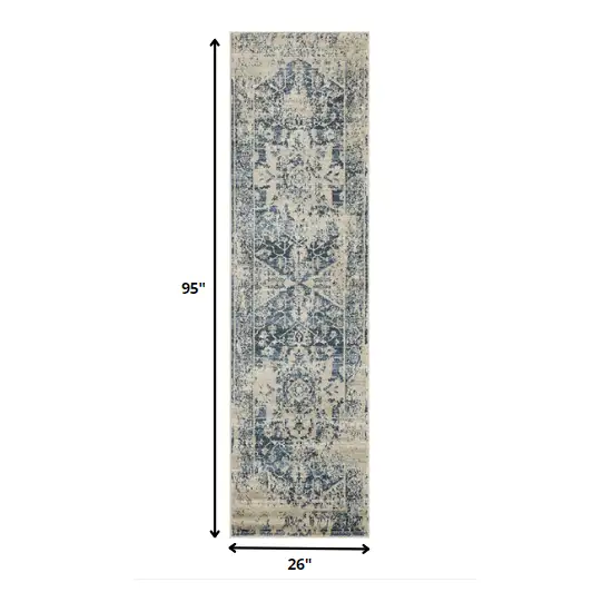 Beige Blue Distressed Medallion Runner Rug Photo 5