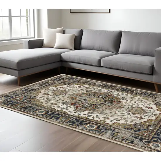 8' X 10' Beige Blue Green Rust And Grey Oriental Power Loom Stain Resistant Area Rug Photo 1