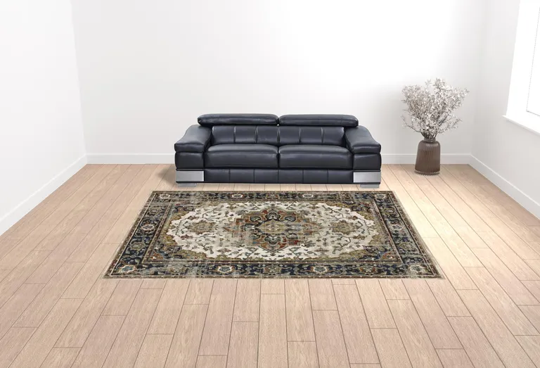 Beige Blue Green Rust And Grey Oriental Power Loom Stain Resistant Area Rug Photo 4