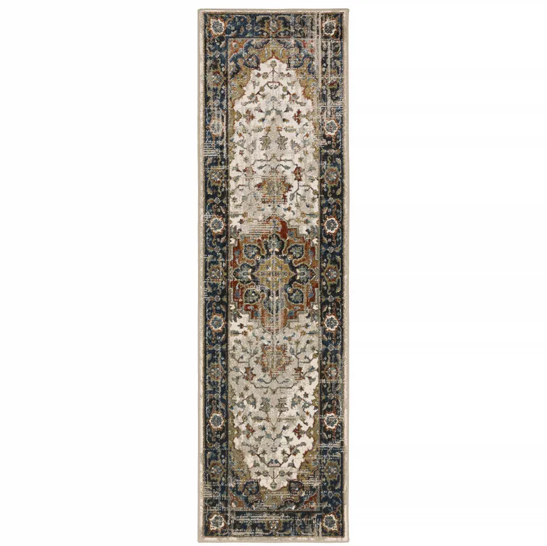 Beige Blue Green Rust And Grey Oriental Power Loom Stain Resistant Runner Rug Photo 1