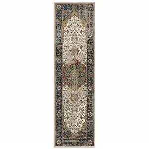 Photo of Beige Blue Green Rust And Grey Oriental Power Loom Stain Resistant Runner Rug