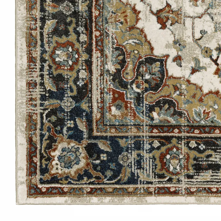 Beige Blue Green Rust And Grey Oriental Power Loom Stain Resistant Runner Rug Photo 3