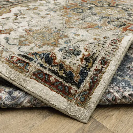 Beige Blue Green Rust And Grey Oriental Power Loom Stain Resistant Runner Rug Photo 8