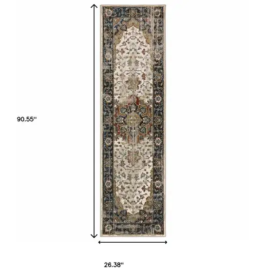 Beige Blue Green Rust And Grey Oriental Power Loom Stain Resistant Runner Rug Photo 10