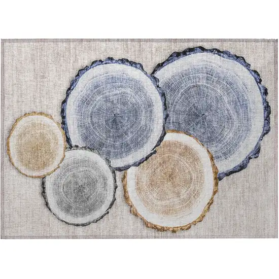 Beige Blue and Gold Faux Bois Washable Non Skid Indoor Outdoor Area Rug Photo 4