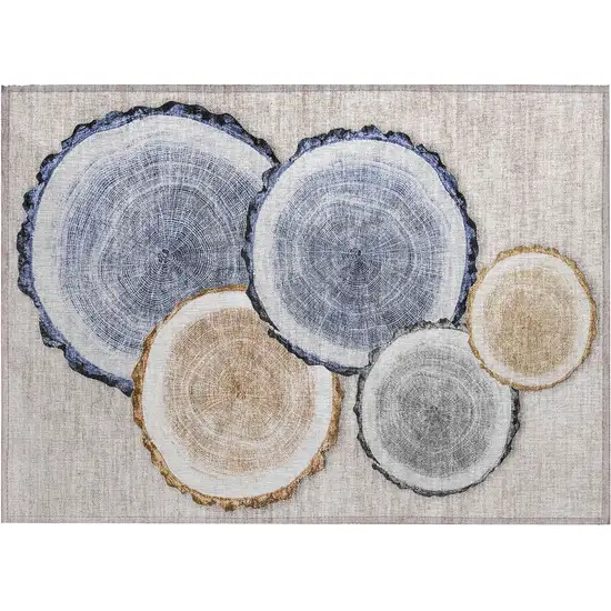 Beige Blue and Gold Faux Bois Washable Non Skid Indoor Outdoor Area Rug Photo 2