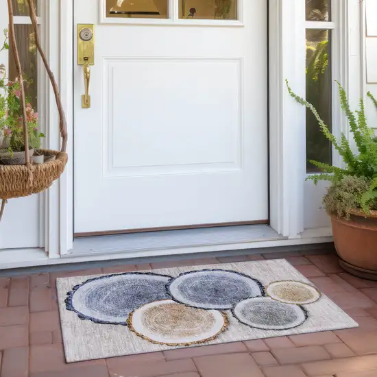 Beige Blue and Gold Faux Bois Washable Non Skid Indoor Outdoor Area Rug Photo 8