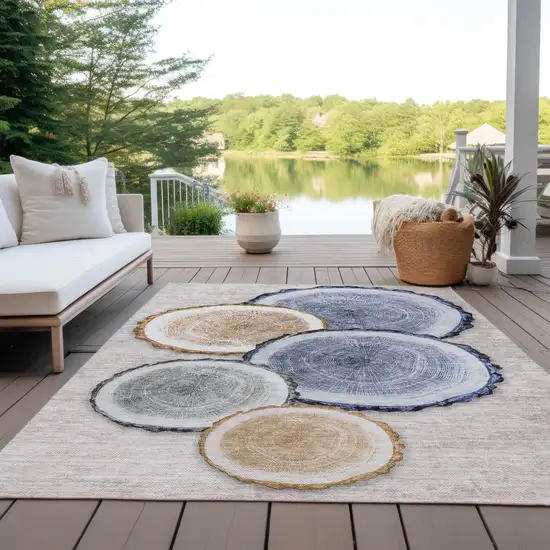 Beige Blue and Gold Faux Bois Washable Non Skid Indoor Outdoor Area Rug Photo 8