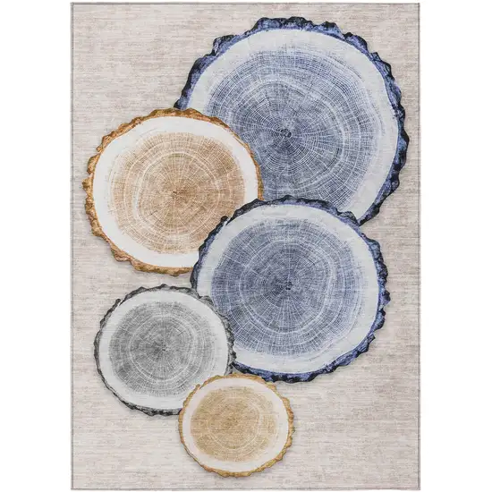 Beige Blue and Gold Faux Bois Washable Non Skid Indoor Outdoor Area Rug Photo 2