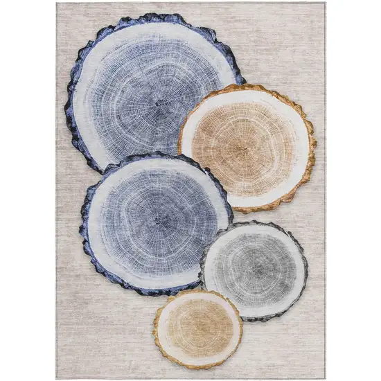 Beige Blue and Gold Faux Bois Washable Non Skid Indoor Outdoor Area Rug Photo 5