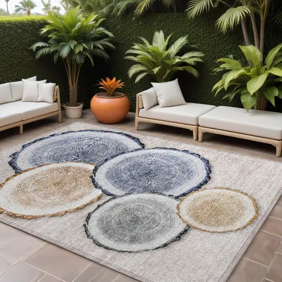 Beige Blue and Gold Faux Bois Washable Non Skid Indoor Outdoor Area Rug Photo 1