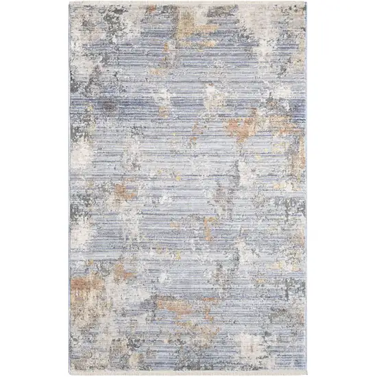 Beige Blue and Gray Abstract Area Rug With Fringe Photo 2